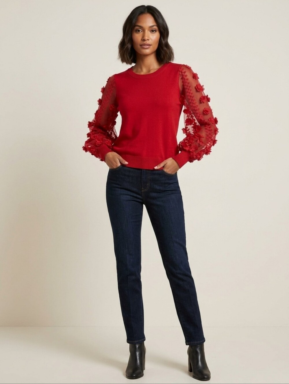 Absolutely Famous Red Crewneck Sweater with Floral Applique Sleeves